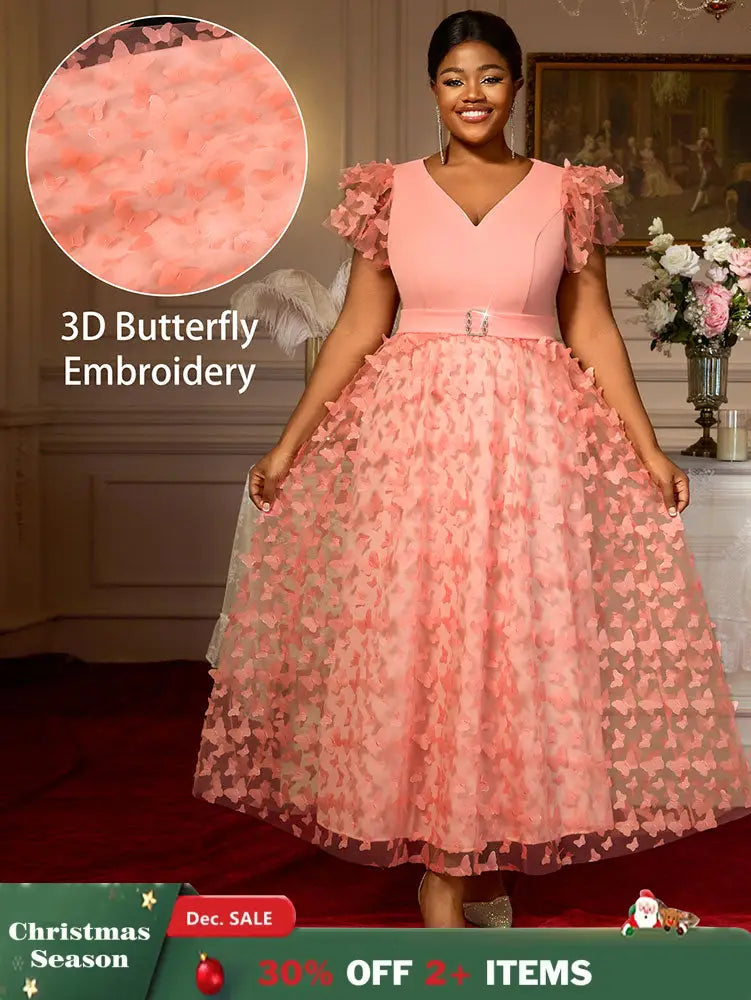 AOMEIDRESS Elegant Maxi A Line Party Dress 3D Butterfly Waist Belt Pink / 0XL