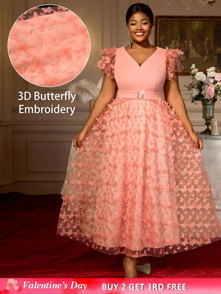 AOMEIDRESS Elegant Maxi A Line Party Dress 3D Butterfly Waist Belt Pink / 0XL