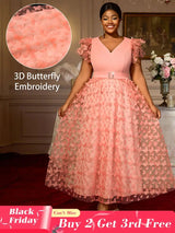 AOMEIDRESS Elegant Maxi A Line Party Dress 3D Butterfly Waist Belt Pink / 0XL