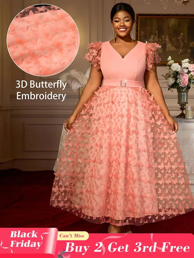 AOMEIDRESS Elegant Maxi A Line Party Dress 3D Butterfly Waist Belt Pink / 0XL