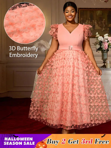 AOMEIDRESS Elegant Maxi A Line Party Dress 3D Butterfly Waist Belt Pink / 0XL