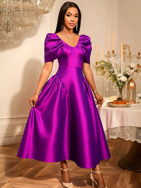 AOMEIDRESS Elegant Maxi A Line Puff Sleeve Dress For Wedding Guest