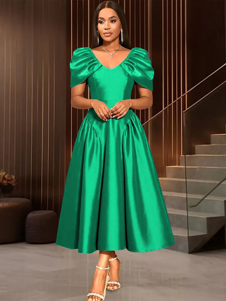 AOMEIDRESS Elegant Maxi A Line Puff Sleeve Dress For Wedding Guest Green / S