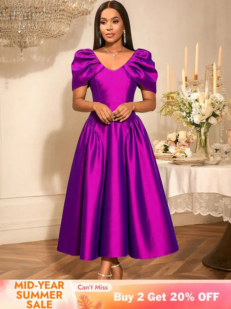 AOMEIDRESS Elegant Maxi A Line Puff Sleeve Dress For Wedding Guest Purple / S