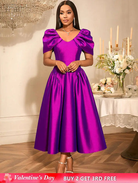 AOMEIDRESS Elegant Maxi A Line Puff Sleeve Dress For Wedding Guest Purple / S