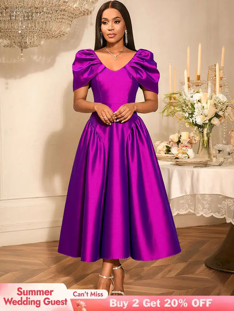 AOMEIDRESS Elegant Maxi A Line Puff Sleeve Dress For Wedding Guest Purple / S