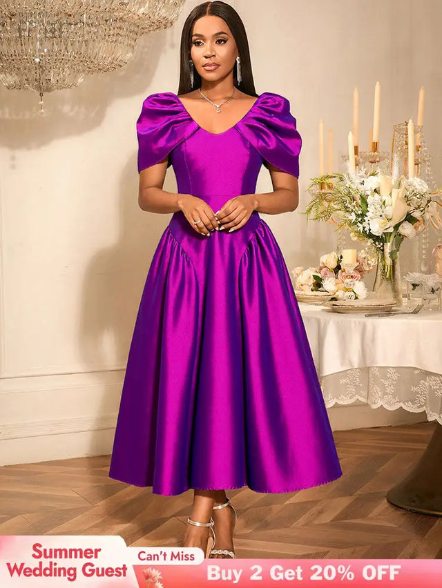AOMEIDRESS Elegant Maxi A Line Puff Sleeve Dress For Wedding Guest Purple / S