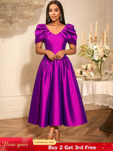 AOMEIDRESS Elegant Maxi A Line Puff Sleeve Dress For Wedding Guest Purple / S
