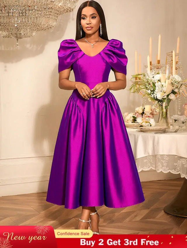 AOMEIDRESS Elegant Maxi A Line Puff Sleeve Dress For Wedding Guest Purple / S