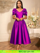AOMEIDRESS Elegant Maxi A Line Puff Sleeve Dress For Wedding Guest Purple / S