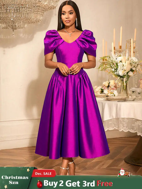 AOMEIDRESS Elegant Maxi A Line Puff Sleeve Dress For Wedding Guest Purple / S