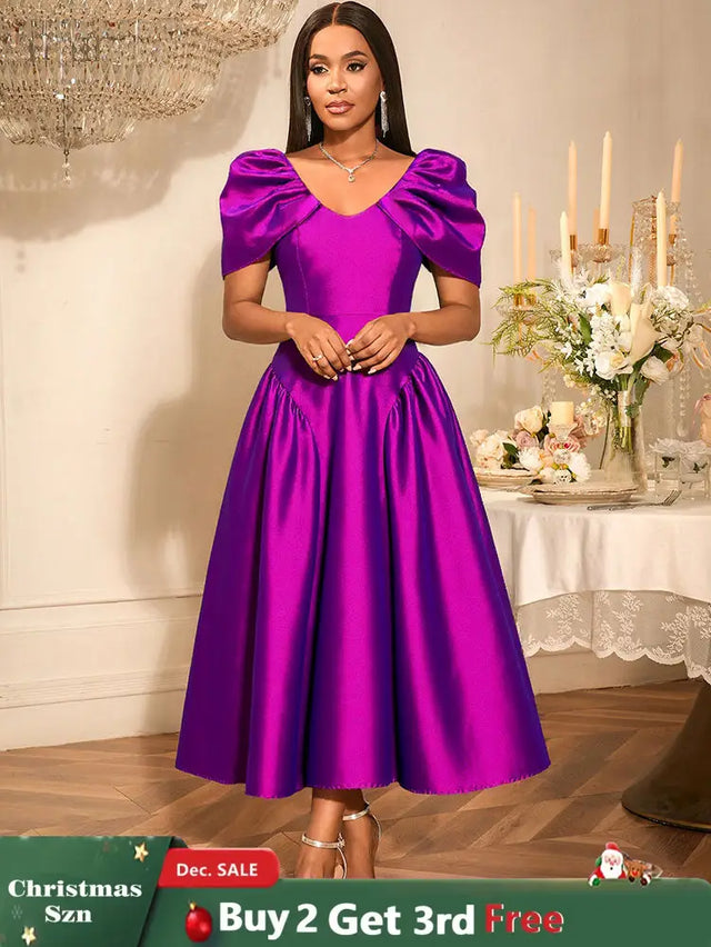 AOMEIDRESS Elegant Maxi A Line Puff Sleeve Dress For Wedding Guest Purple / S