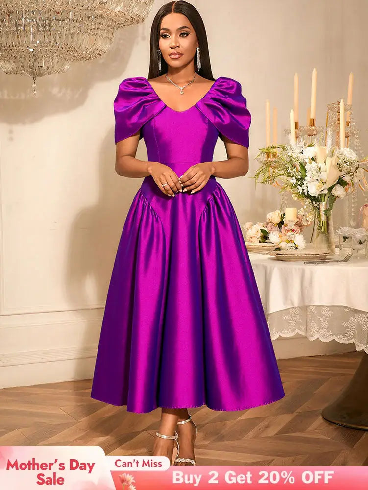AOMEIDRESS Elegant Maxi A Line Puff Sleeve Dress For Wedding Guest Purple / S