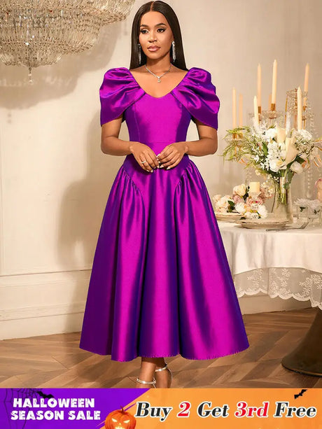 AOMEIDRESS Elegant Maxi A Line Puff Sleeve Dress For Wedding Guest Purple / S