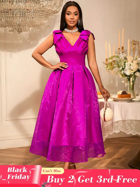 AOMEIDRESS Elegant Maxi A Line V Neck Dress With Bow For Wedding Guest Rose / S