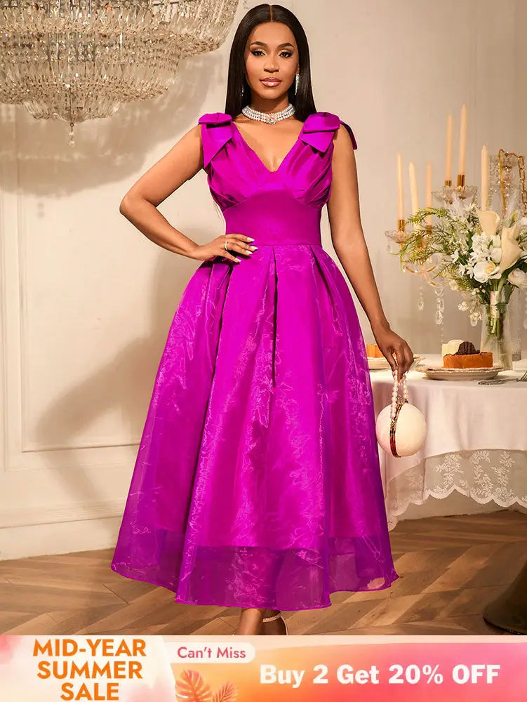 AOMEIDRESS Elegant Maxi A Line V Neck Dress With Bow For Wedding Guest Rose / S