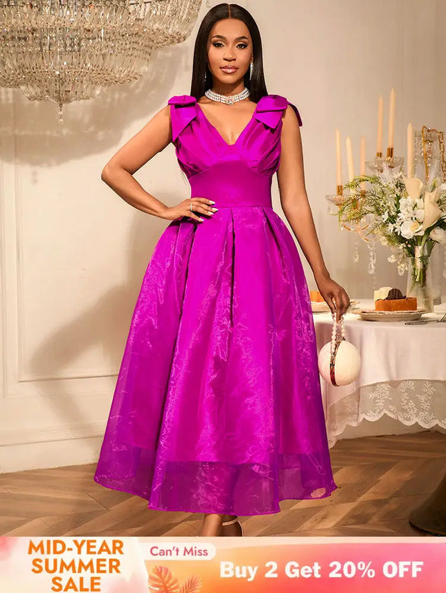 AOMEIDRESS Elegant Maxi A Line V Neck Dress With Bow For Wedding Guest Rose / S