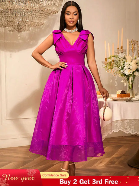 AOMEIDRESS Elegant Maxi A Line V Neck Dress With Bow For Wedding Guest Rose / S