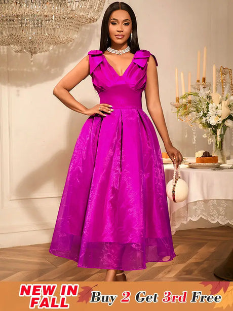 AOMEIDRESS Elegant Maxi A Line V Neck Dress With Bow For Wedding Guest Rose / S