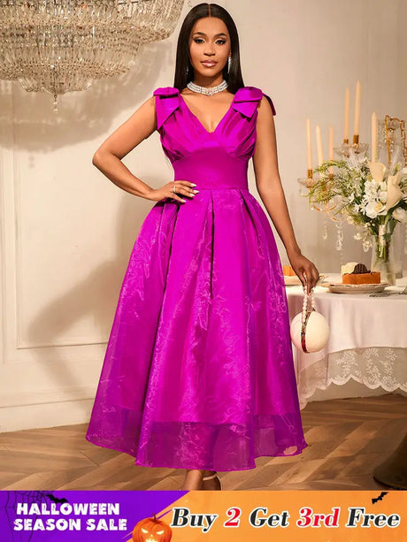 AOMEIDRESS Elegant Maxi A Line V Neck Dress With Bow For Wedding Guest Rose / S