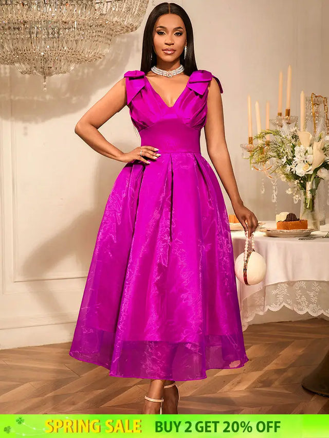 AOMEIDRESS Elegant Maxi A Line V Neck Dress With Bow For Wedding Guest Rose / S