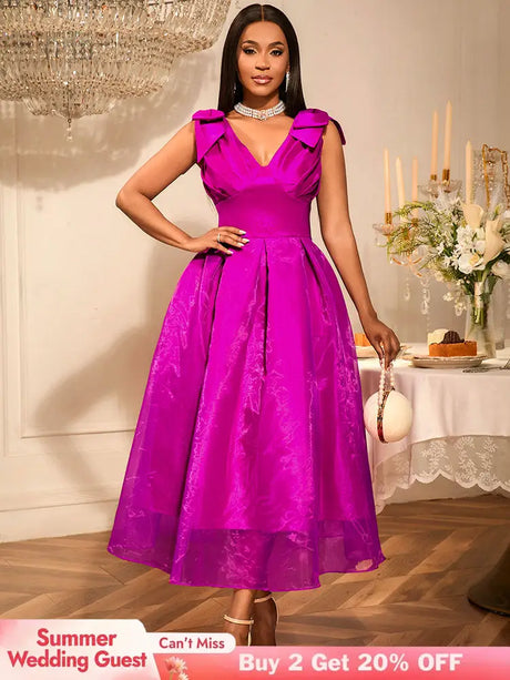 AOMEIDRESS Elegant Maxi A Line V Neck Dress With Bow For Wedding Guest Rose / S