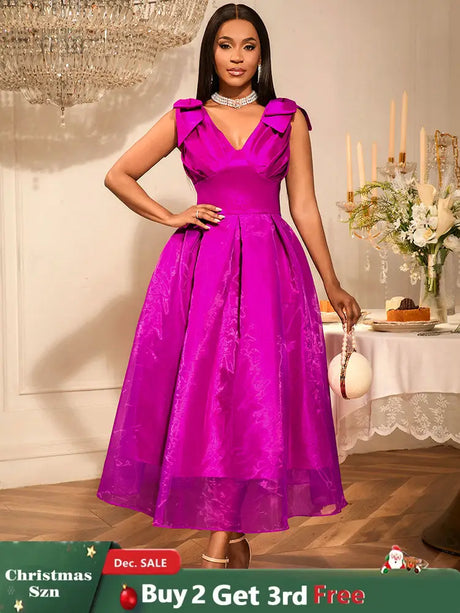 AOMEIDRESS Elegant Maxi A Line V Neck Dress With Bow For Wedding Guest Rose / S