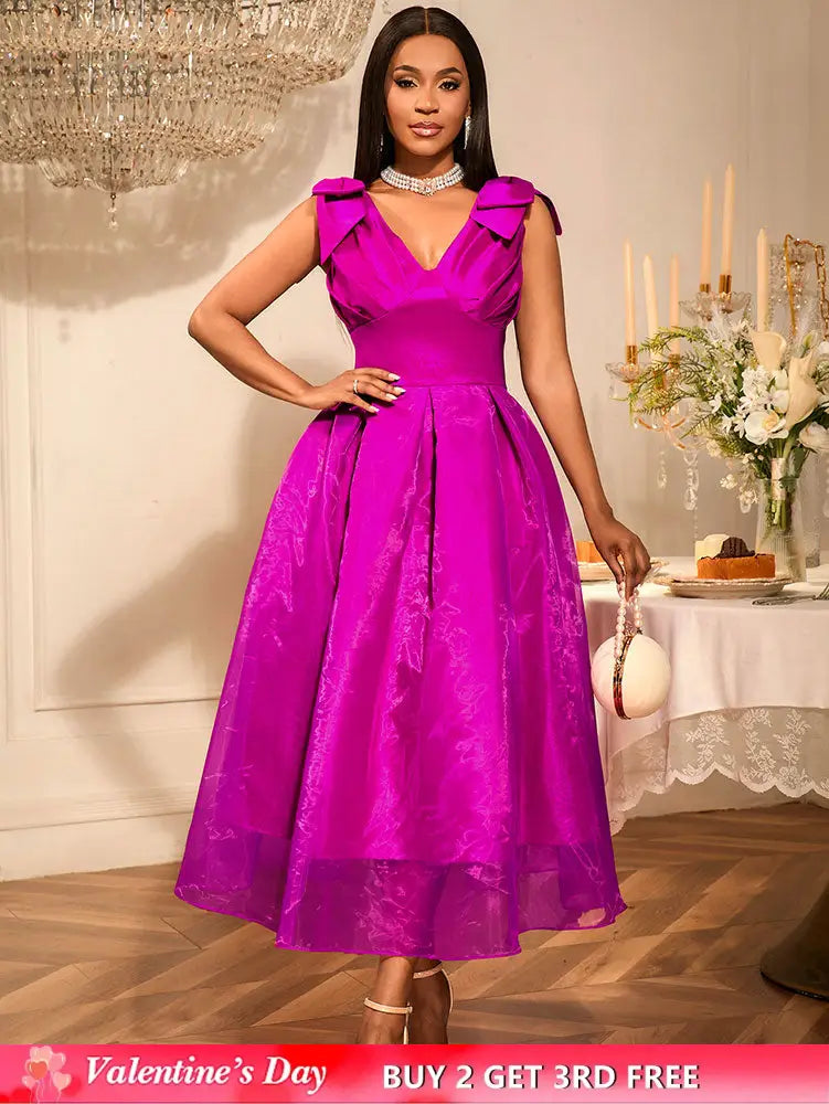 AOMEIDRESS Elegant Maxi A Line V Neck Dress With Bow For Wedding Guest Rose / S