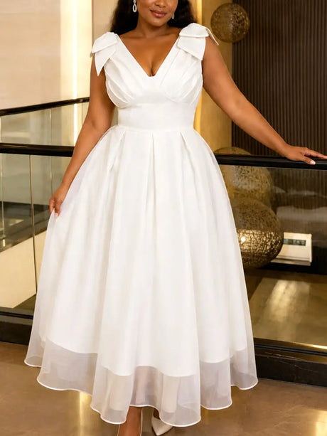 AOMEIDRESS Elegant Maxi A Line V Neck Dress With Bow For Wedding Guest - White / S