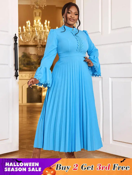 AOMEIDRESS Elegant Maxi Church Dress with Pleat Lace Stand Collar