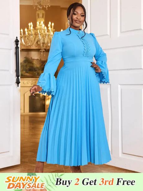 AOMEIDRESS Elegant Maxi Church Dress with Pleat Lace Stand Collar