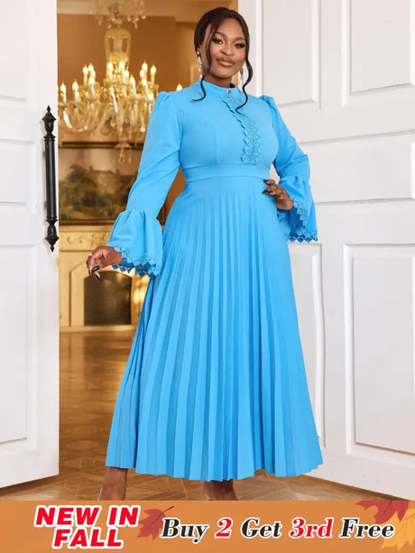AOMEIDRESS Elegant Maxi Church Dress with Pleat Lace Stand Collar