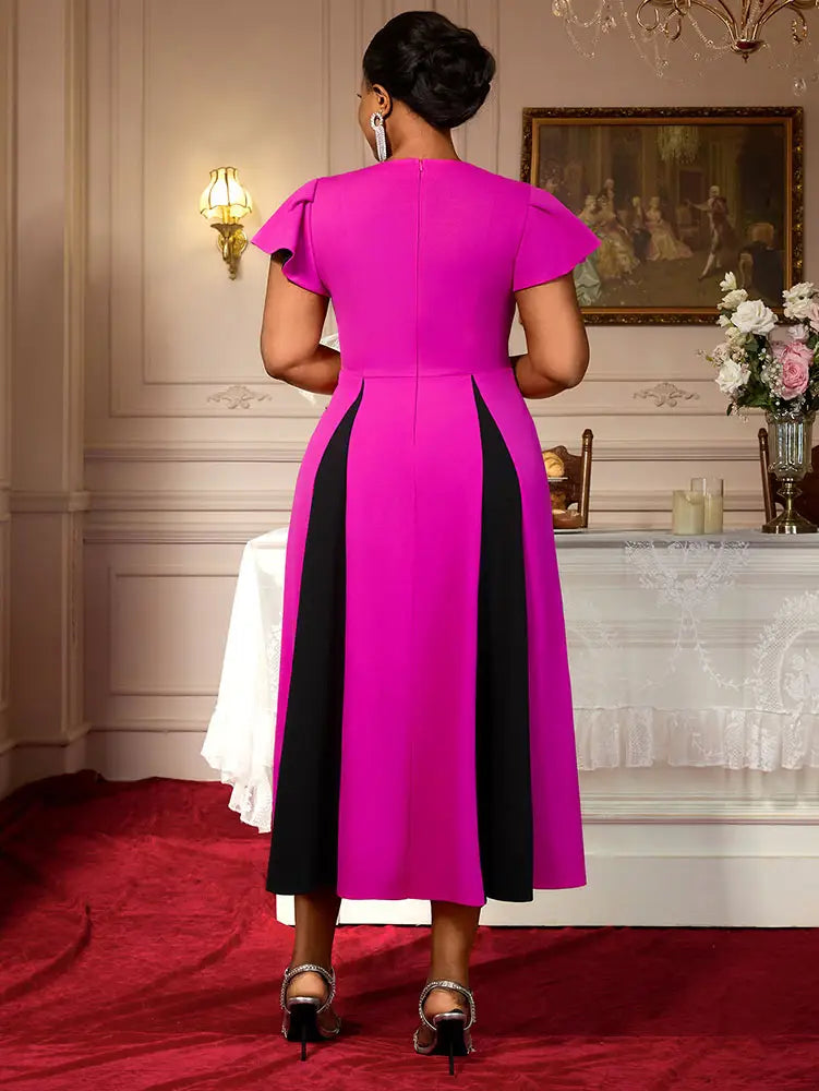 AOMEIDRESS Elegant Maxi Color Block Dress With Waist Belt for Party