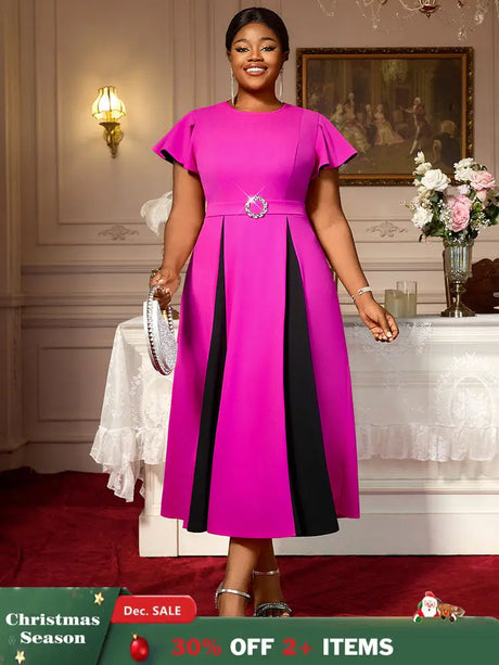 AOMEIDRESS Elegant Maxi Color Block Dress With Waist Belt for Party Rose / S