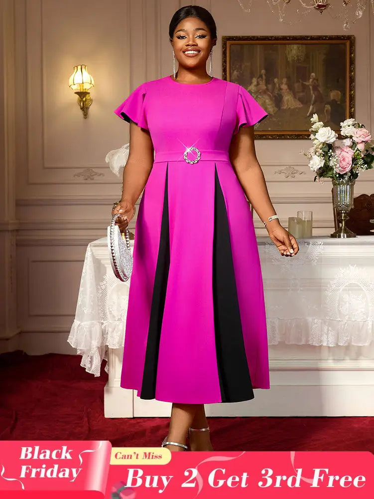 AOMEIDRESS Elegant Maxi Color Block Dress With Waist Belt for Party Rose / S