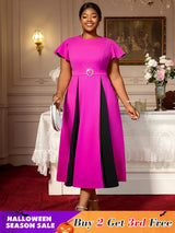 AOMEIDRESS Elegant Maxi Color Block Dress With Waist Belt for Party Rose / S