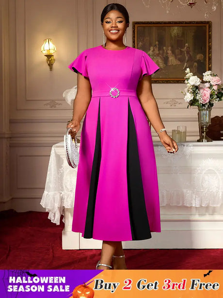 AOMEIDRESS Elegant Maxi Color Block Dress With Waist Belt for Party Rose / S