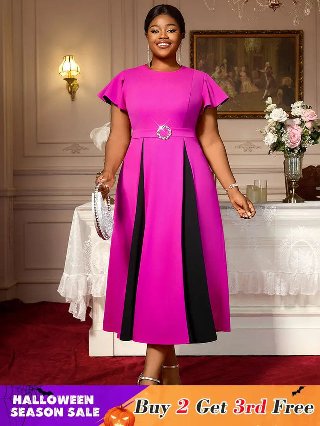 AOMEIDRESS Elegant Maxi Color Block Dress With Waist Belt for Party Rose / S