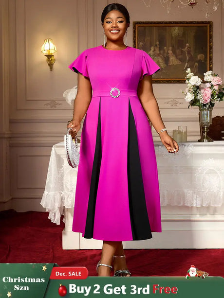 AOMEIDRESS Elegant Maxi Color Block Dress With Waist Belt for Party Rose / S