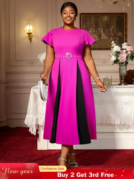 AOMEIDRESS Elegant Maxi Color Block Dress With Waist Belt for Party Rose / S