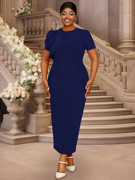 AOMEIDRESS Elegant Maxi Package Hip Party Dress With 3D Flower O Neck Navy / S