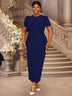 AOMEIDRESS Elegant Maxi Package Hip Party Dress With 3D Flower O Neck Navy / S