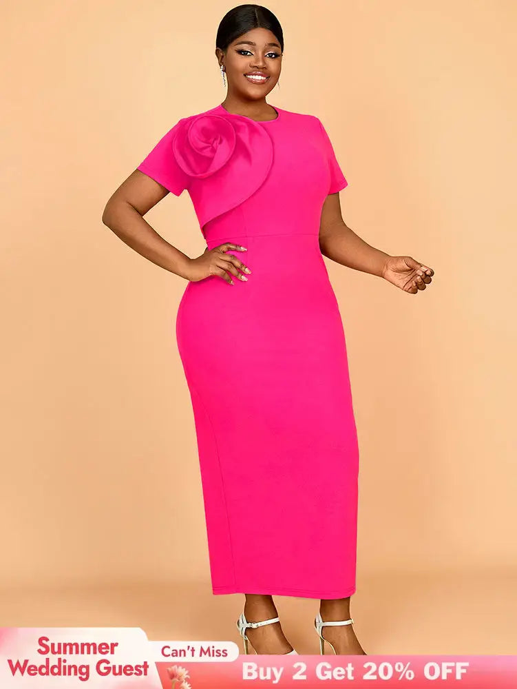 AOMEIDRESS Elegant Maxi Package Hip Party Dress With 3D Flower O Neck Rose / S