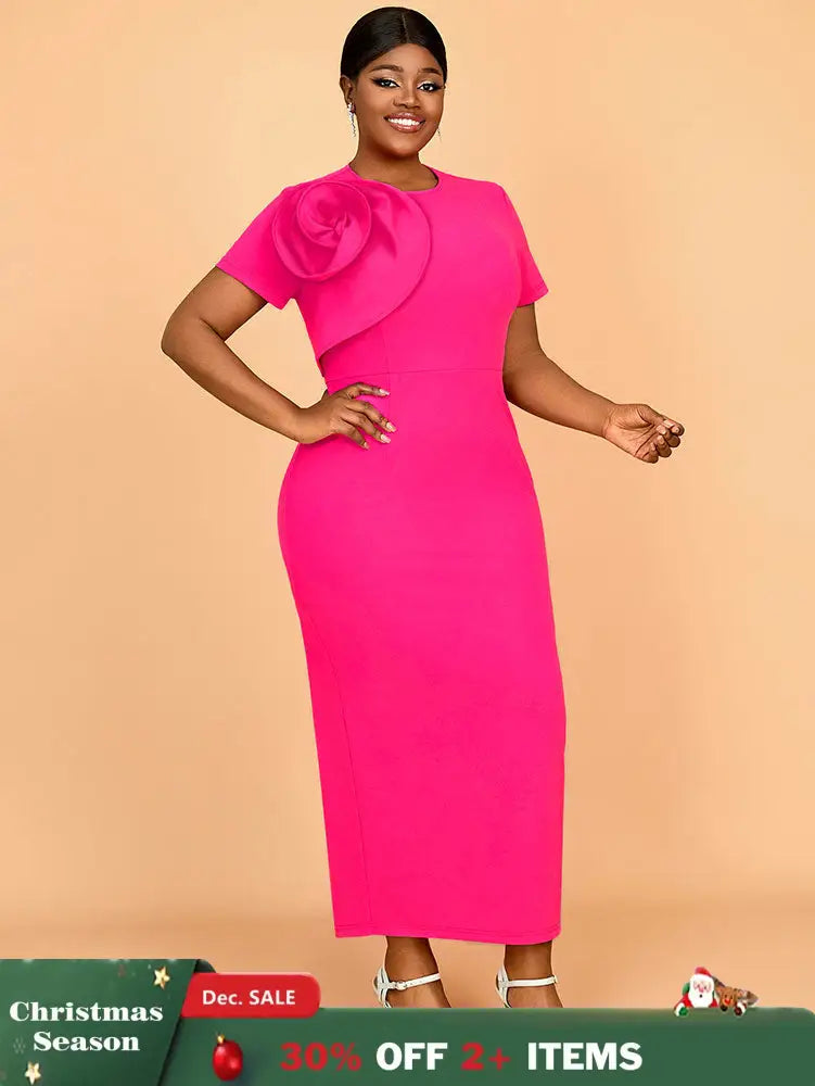 AOMEIDRESS Elegant Maxi Package Hip Party Dress With 3D Flower O Neck Rose / S