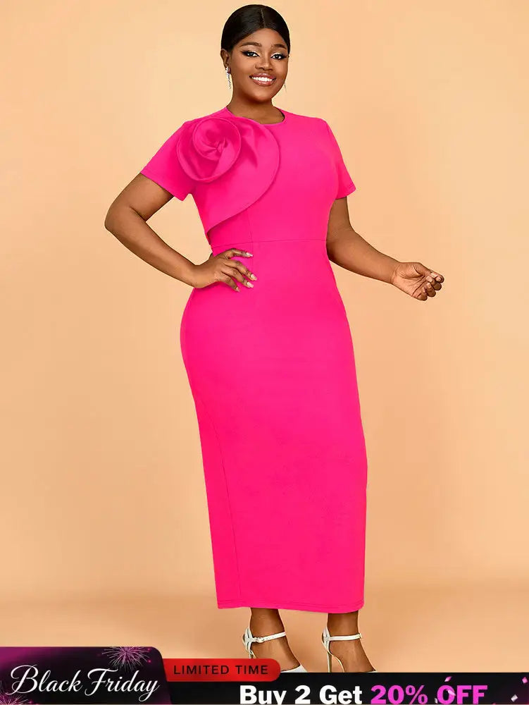 AOMEIDRESS Elegant Maxi Package Hip Party Dress With 3D Flower O Neck Rose / S
