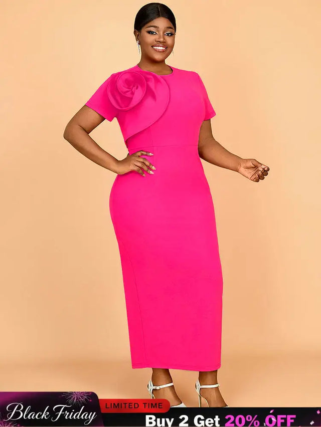 AOMEIDRESS Elegant Maxi Package Hip Party Dress With 3D Flower O Neck Rose / S