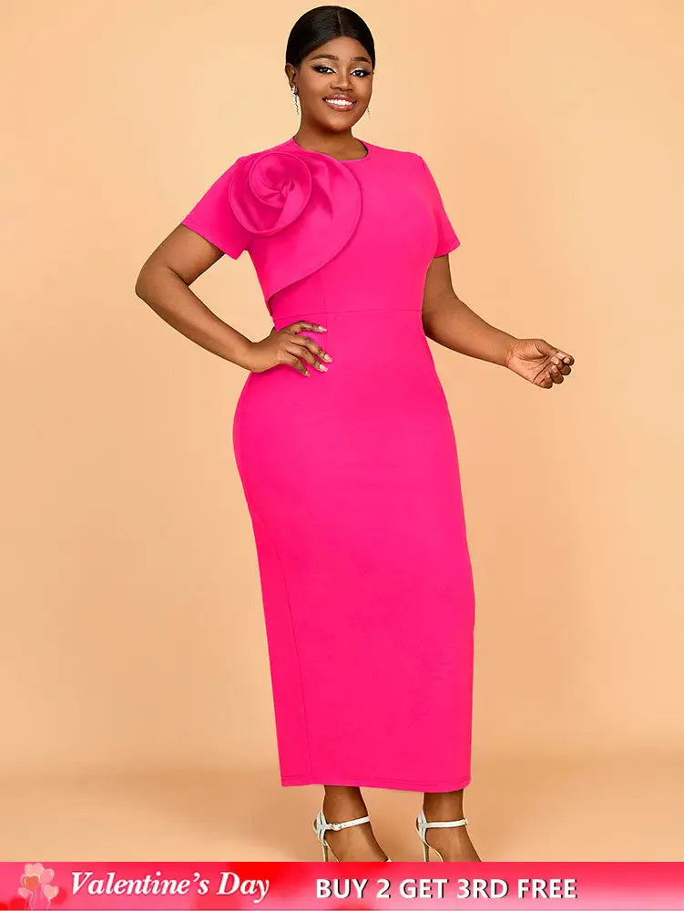 AOMEIDRESS Elegant Maxi Package Hip Party Dress With 3D Flower O Neck Rose / S