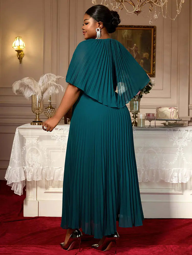 AOMEIDRESS Elegant Maxi Pleated A Line Church Dresses Cape sleeves