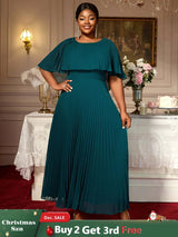 AOMEIDRESS Elegant Maxi Pleated A Line Church Dresses Cape sleeves DarkGreen / S