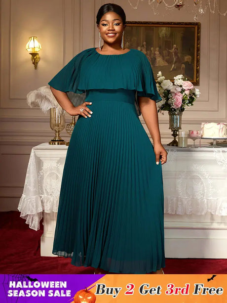 AOMEIDRESS Elegant Maxi Pleated A Line Church Dresses Cape sleeves DarkGreen / S